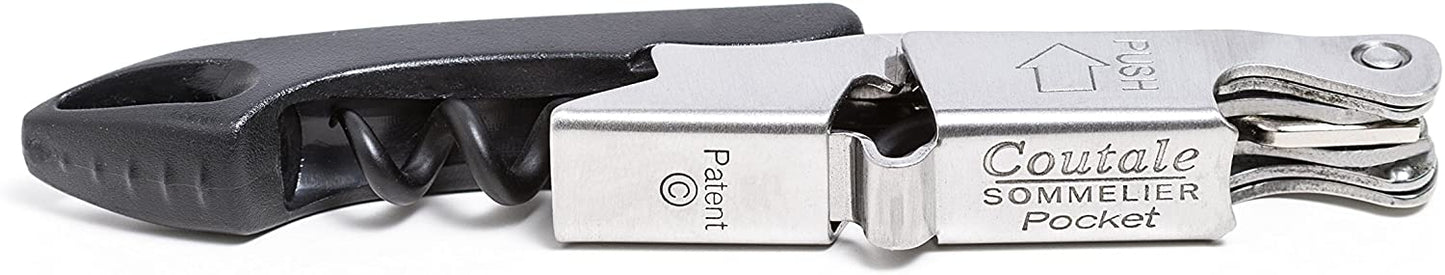 Pocket By Coutale Sommelier - The French Patented Spring-Loaded Double Lever Waiters Corkscrew and Wine Bottle Opener (Black)