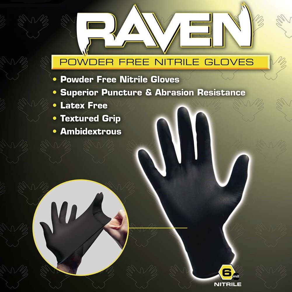 Raven Black Nitrile Gloves, Exam Grade, 7 mil, 100/box